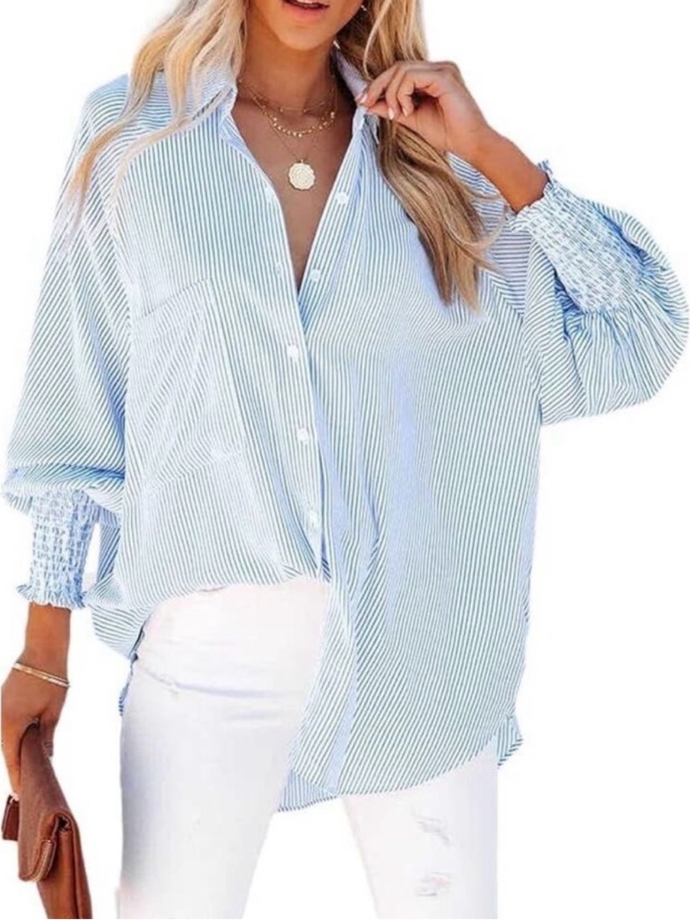 Oversized Blue & White Striped Long Sleeve Blouse w/ Pockets Plus Size 3XL NWT
